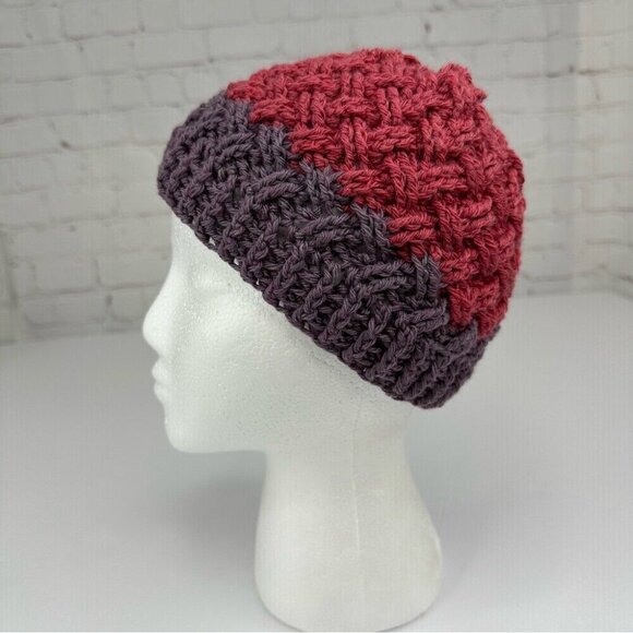 Handmade New Dark Pink Grey Merino Wool Basketweave Winter Knit Beanie Adult S/M - Picture 2 of 10